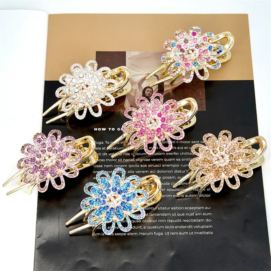 New fashion Rhinestone Hairpin Flower Leaf Duckbill Hair Claws Retro Hair Clips Accessories For Women Shinning Ponytail Headwear