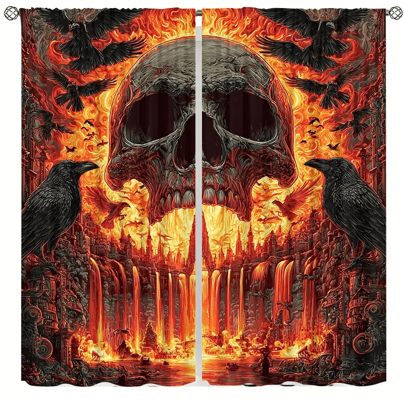 Burning Skull Waterfall Crow Animal Curtain, installed using pocket rod method, suitable for bedrooms, living rooms, balconies