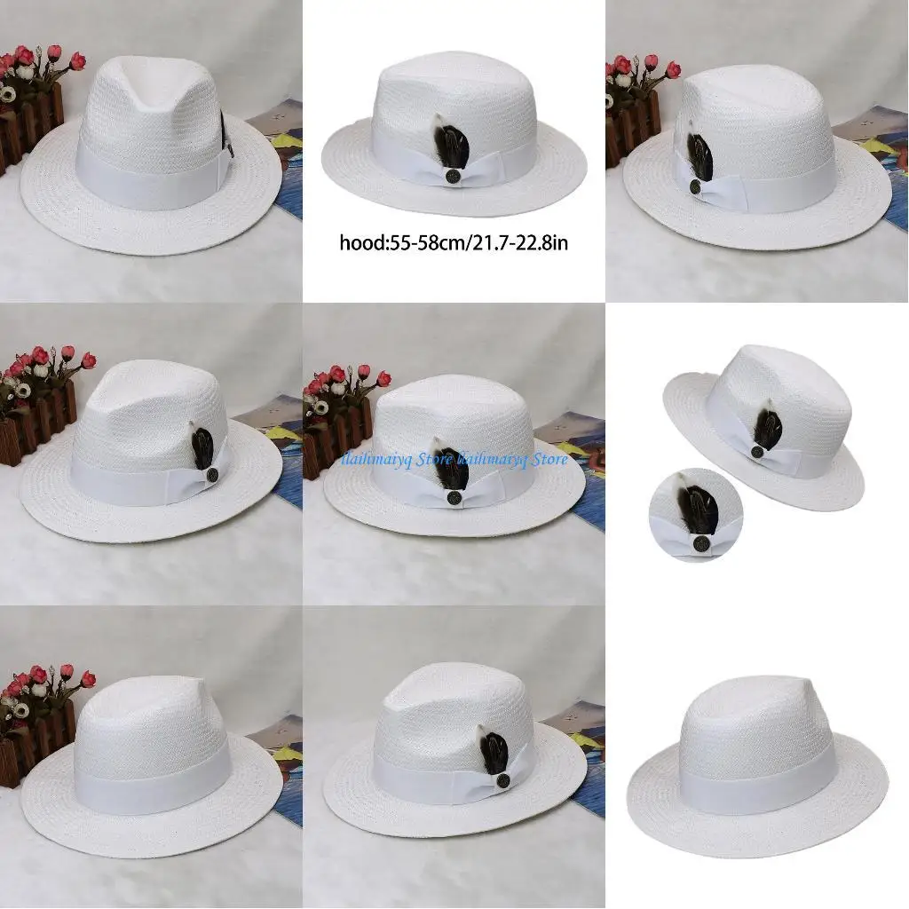 

573B Crocheted Bowknot Belt Straw Top Hat for Women Man Breathable Panama Hat Beach Headwear Vacation Sunshades Hat Jazzs Hat