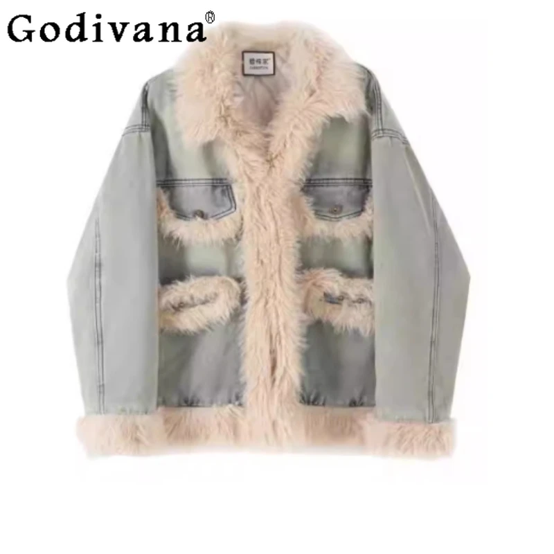 

Женская зимняя утолщенная джинсовая куртка в стиле ретро с хлопковой подкладкой, модная свободная универсальная возрастная джинсовая куртка с длинными рукавами