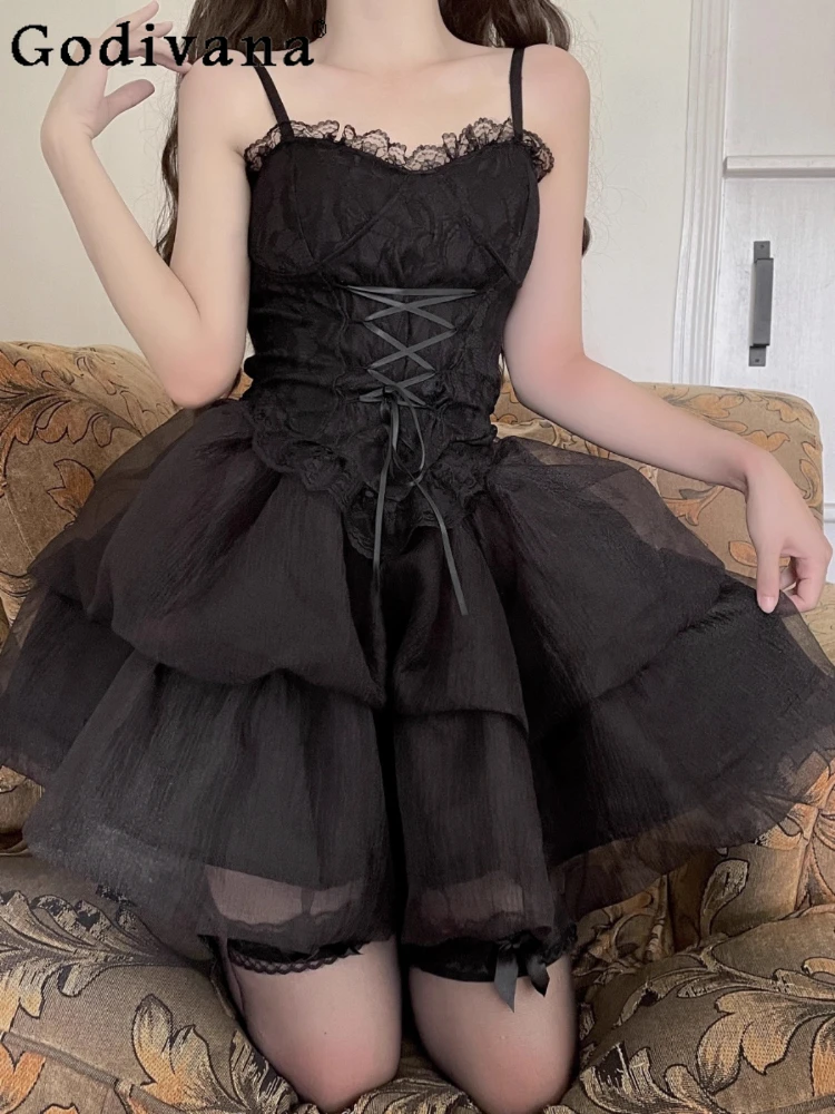 

Summer Lolita Sweet Bow Suspender Slash Neck Temperament Princess Top Girl Goth High Waist A-line Black Party Gauze Skirt Sets