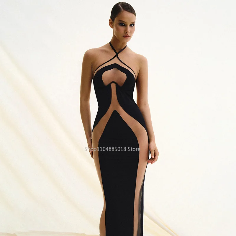 

Autumn new style neck hanging sling slim fit hollow out sexy dress