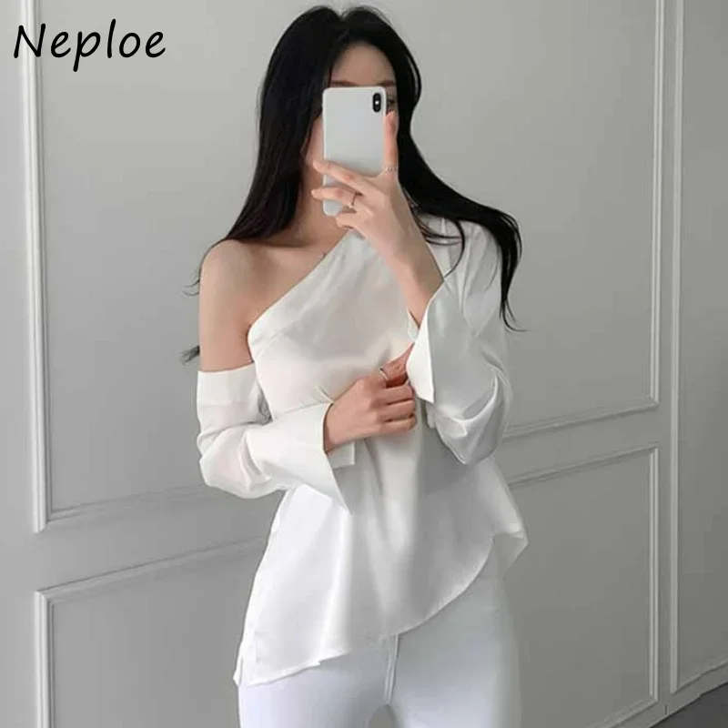 Neploe Irregular One-shoulder Design Sexy Blouses Shirts Women Slim Waist Solid Color Camisas Mujer Temperament Blusas Tops