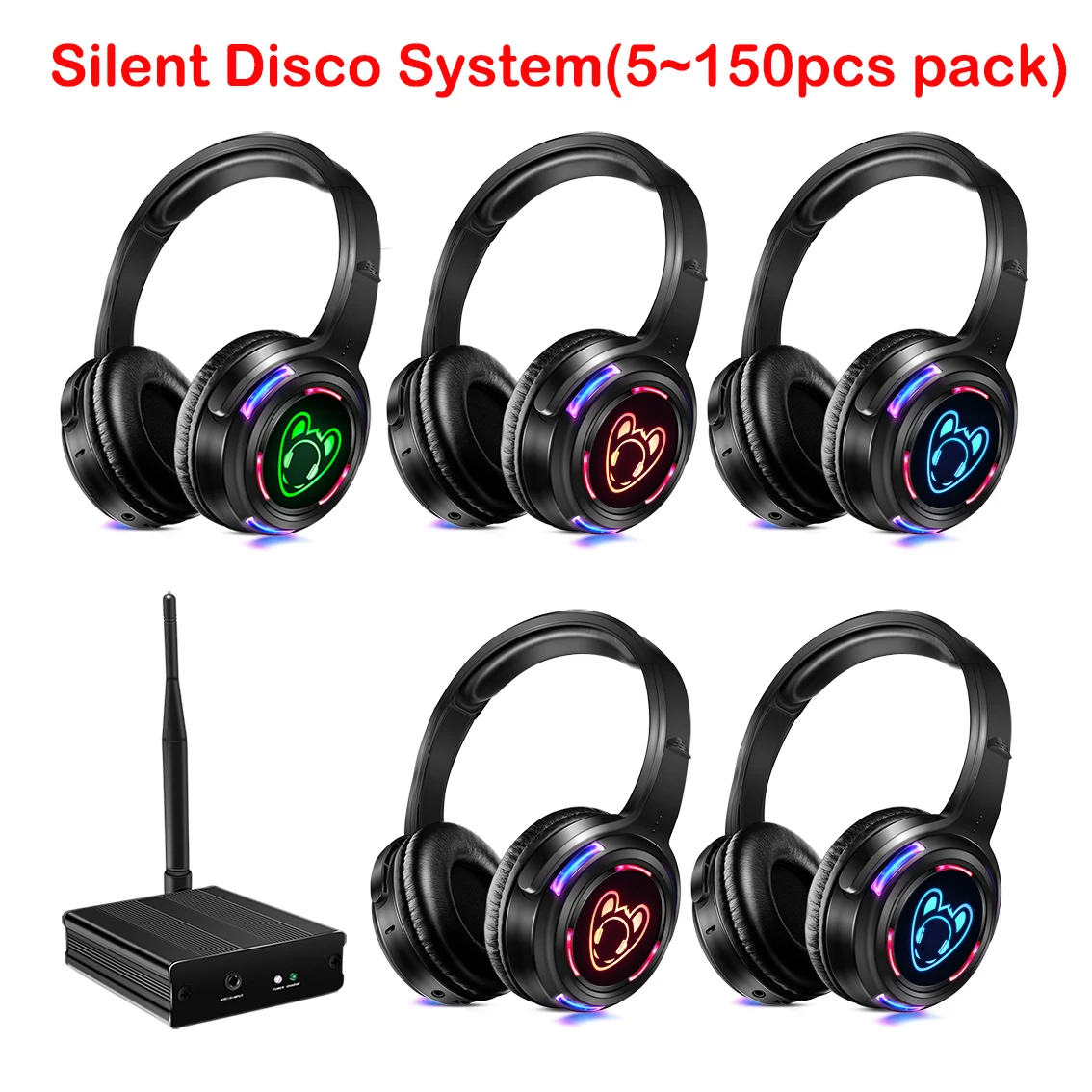 سماعات الرأس اللاسلكية Silent Disco Compete System Black Led - حزم حفلات الارتياد الهادئة (5 سماعات + 1/2/3 أجهزة إرسال)