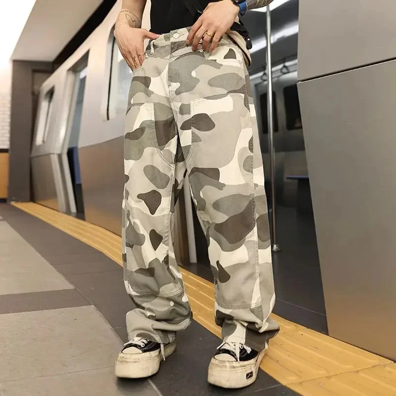 

High Street камуфляжные джинсы мужские летние модные брендовые свободные прямые широкие брюки повседневные длинные