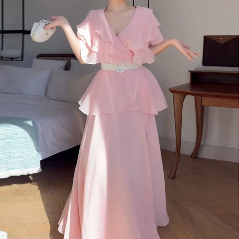 Abiti da sera a trapezio personalizzati Abito da ballo senza maniche con scollo a V alla caviglia Abito da festa drappeggiato con stola a strati con perline di moda