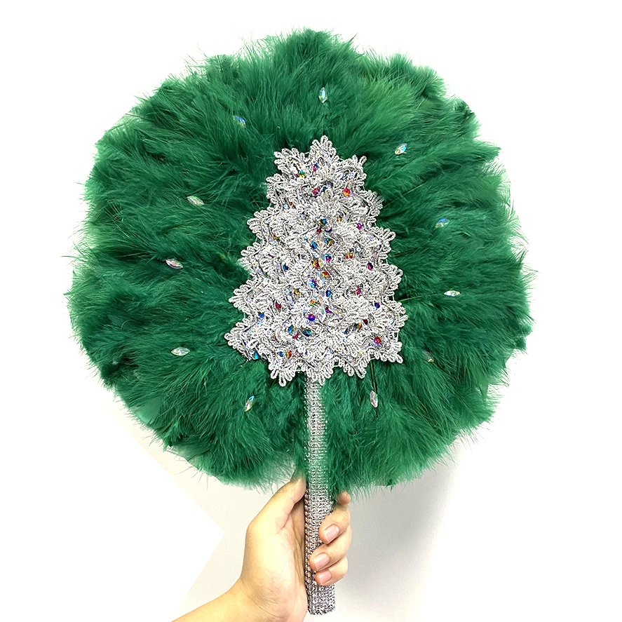 Christmas tree Style African Turkey Feather Hand Fan, Handmade Fans for Dance, Wedding Decoration, Stones, Double-sided, 1Pc