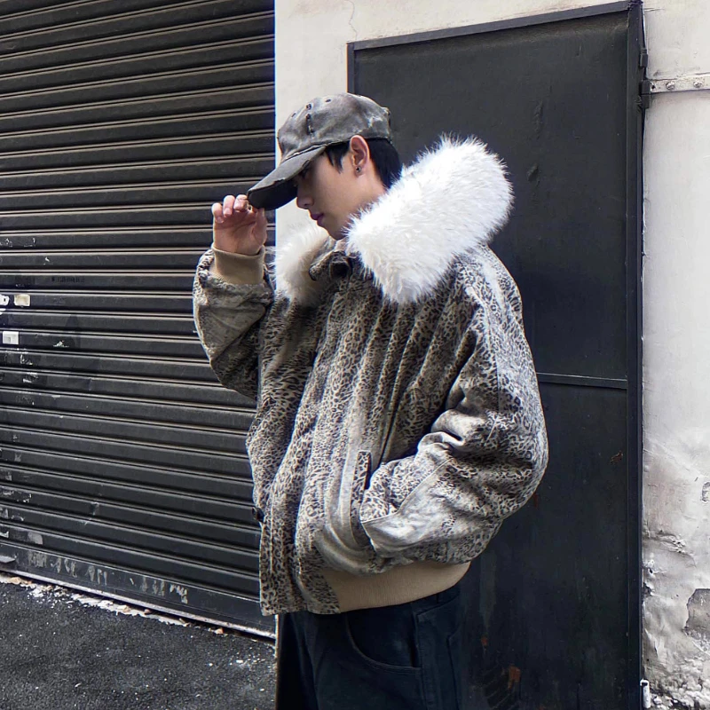 Fashion American Style Leopard Print Fur Collar Cotton Jackets Men Women 2025 Winter New Trendy Parkas Loose Comfort Warm Coats