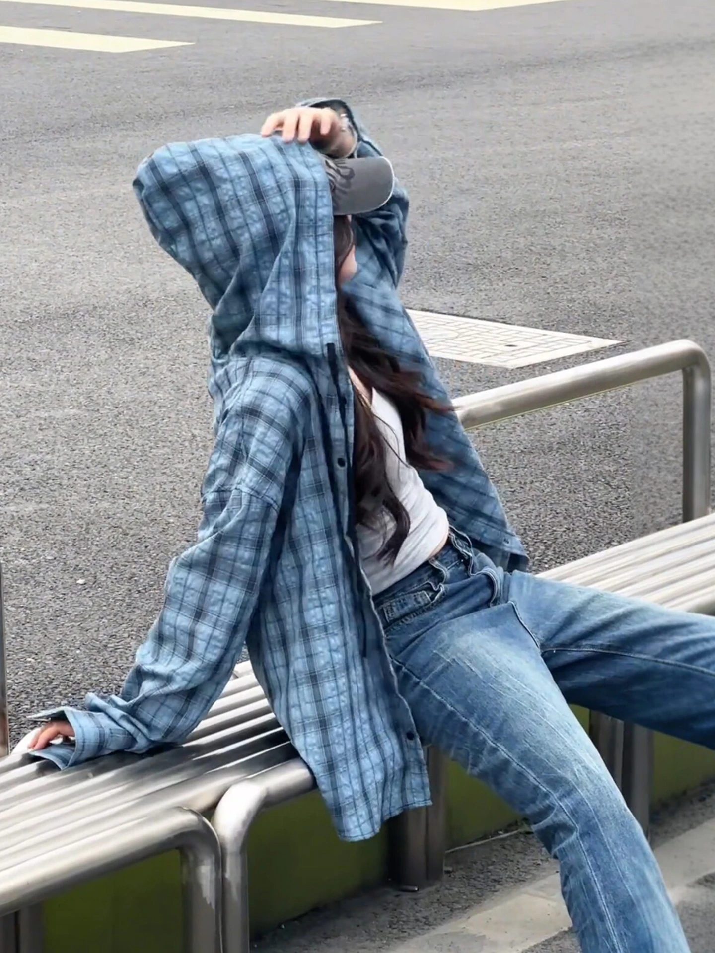 American Retro Blue Plaid Long Sleeve Hooded Shirt Men's Spring Summer Thin Lazy Outdoor Sun Protection Shirt Jacket