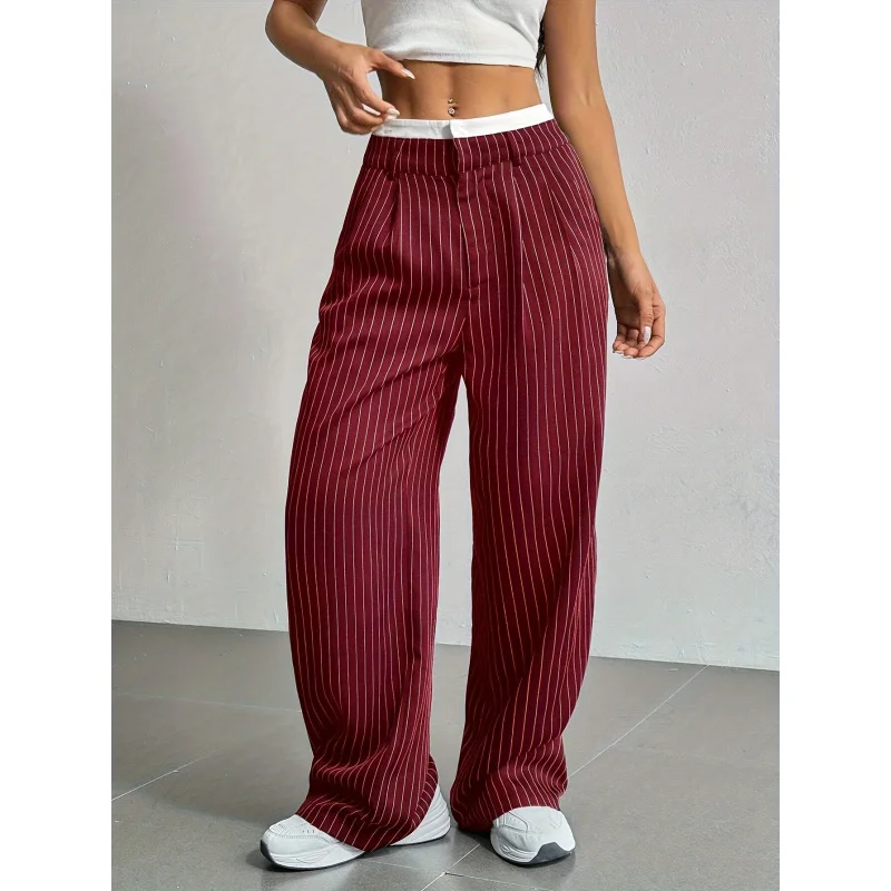 

2025 Spring and Summer New New Design Sense Trousers Casual High Waist Stitching Suit Pants Simple Loose Drooping Straight-Leg P