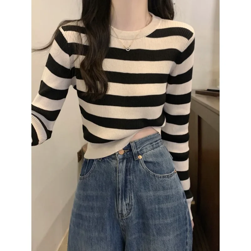 Primavera otoño ajustado Top de manga larga Camiseta de punto a rayas camisa básica Otoño Invierno suéter de mujer de moda