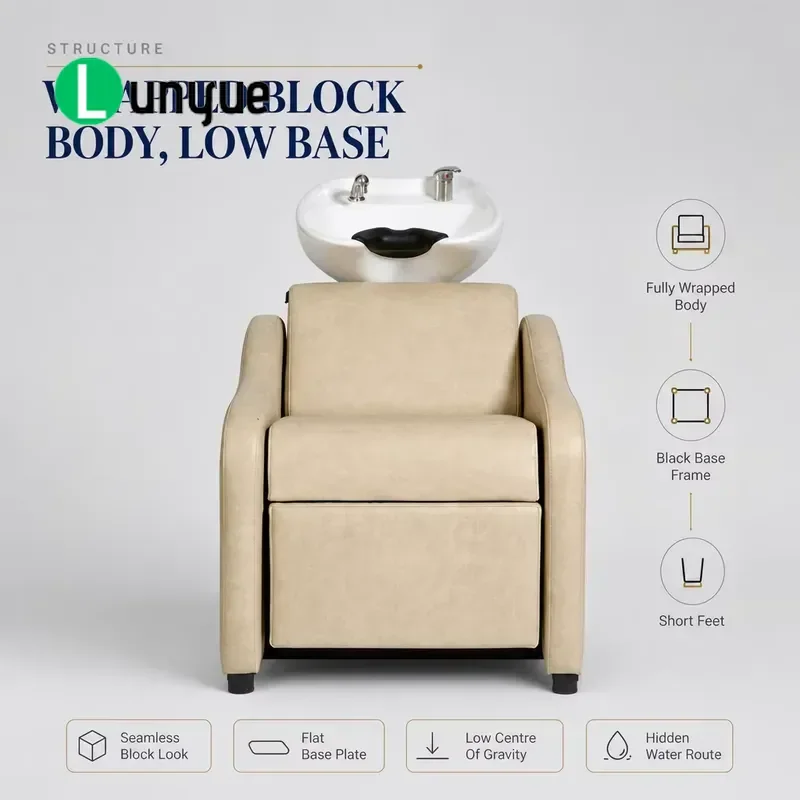 Adjustable Shampoo Chair with Tilted Backrest and Bowl Base Manual Hair Washing Station for Ivory Scissor Leg Rest