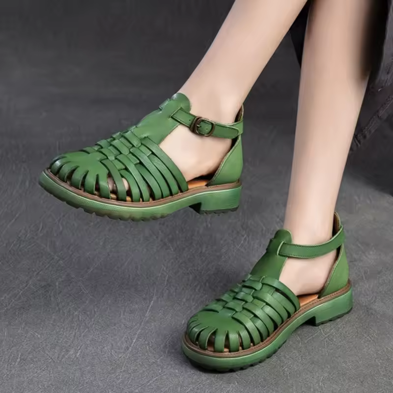 Johnature 2026 Summer New Hollow-out Breathable Weaving Sandals Retro Roman Style Genuine Leather Women's Shoes