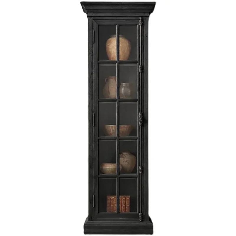 Solid wood carved single door bookcase bookshelf display cabinet American vintage distressed glass double door wine