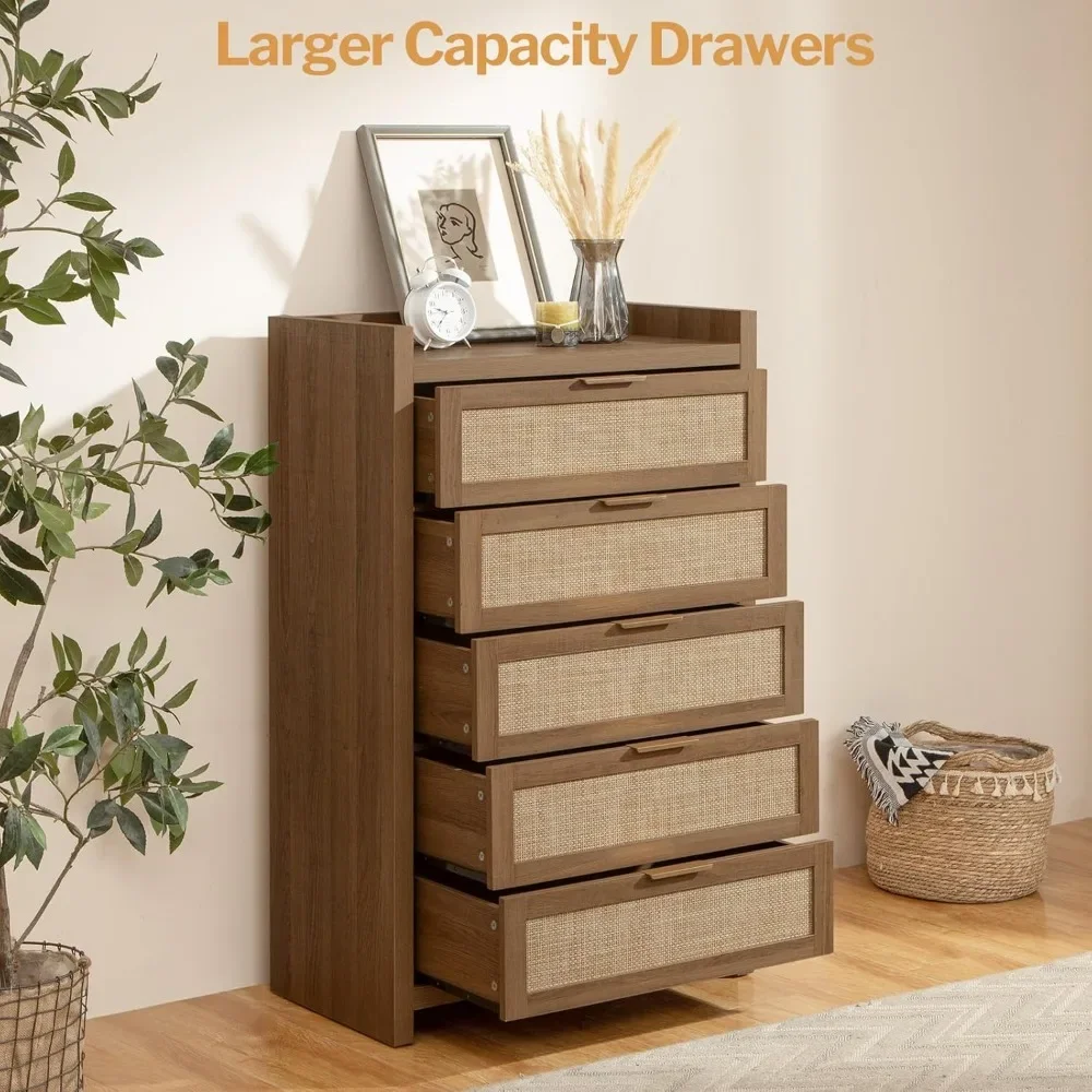 Tall Bedroom Drawers with 5 Rattan Wood Dresser, Sturdy & Durable, Safe & Secure, Easy To Assemble, Bedroom Storage Cabinet