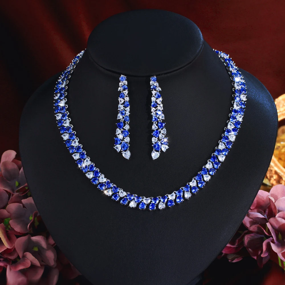 CWWZircons Luxuriöses Glänzendes Blaues CZ Herzförmiges Hochzeits-Bankett-Schmuckset mit Halskette und Ohrringen für Damen Großhandel T0972 – Detail 9
