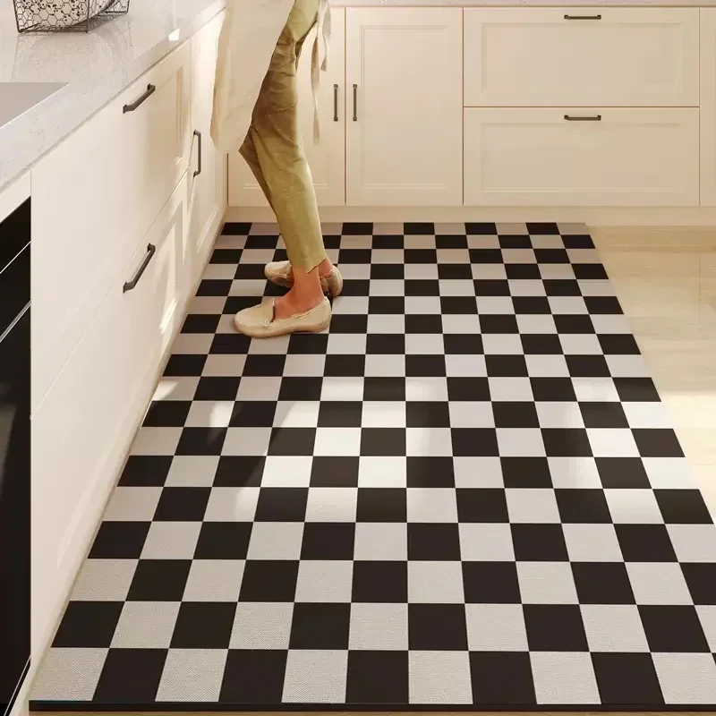 Kitchen Carpet Non-slip Large Pvc Waterproof Floor Mat Leather Oil-proof Foot Mats Black White Chessboard Home Decoration Rug