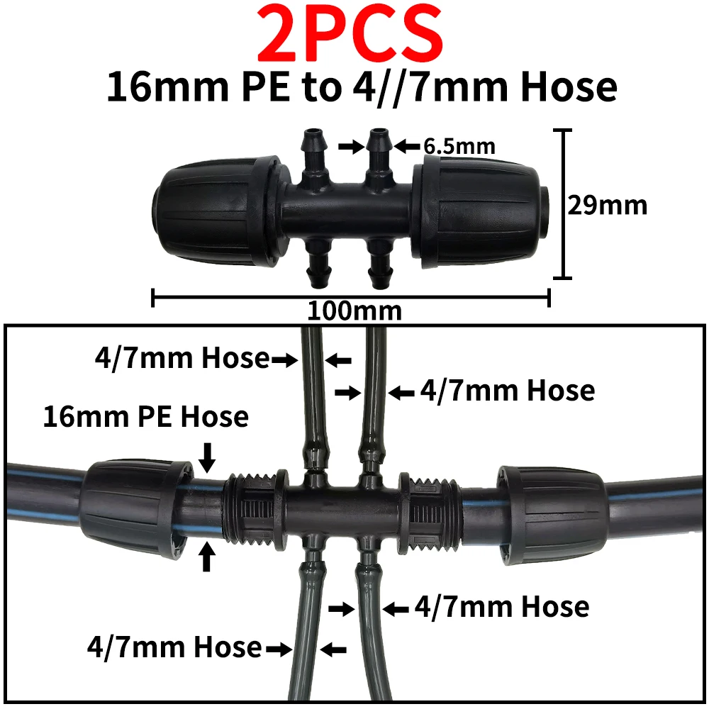 Oasis 2PCS 16mm 1/2\'\' PE Pipe Connector Splitter Tee Coupling Threaded Lock to 4/7mm 3/5mm Hose Garden Watering Drip Irrigation