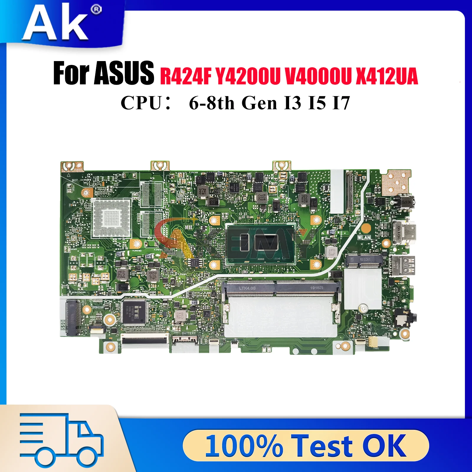 

X412UA Материнская плата для ноутбука ASUS VivoBook R424F Y4200U V4000U X412U X412UB X412UA X412UF Материнская плата с процессором I3 I5 I7 ОК