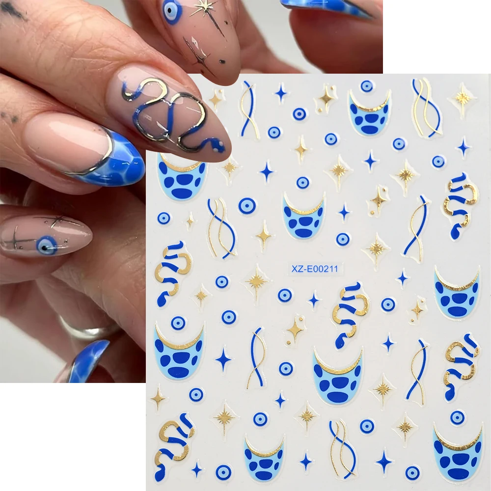1 hoja de pegatinas 3D para uñas de estrella mal de ojo, pegatinas autoadhesivas para uñas de serpiente y estrella dorada azul, suministros para uñas de diseño francés de Halloween para verano