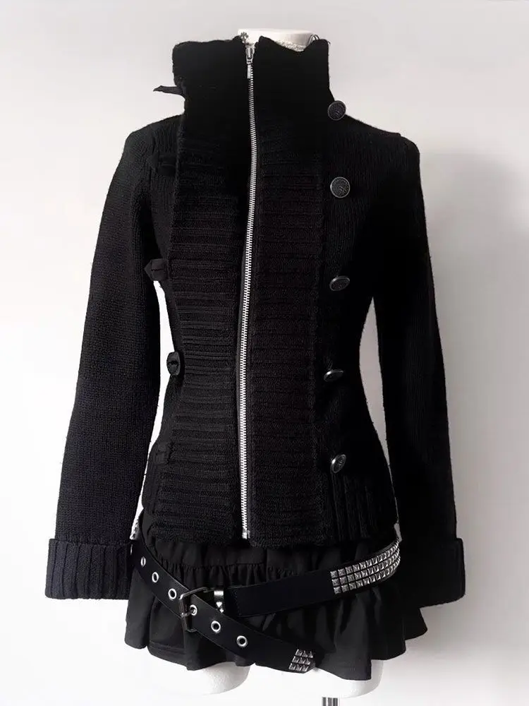 고딕 펑크 패션 여성 니트 스웨터 2000년대 겨울 버튼 후드 하라주쿠 레트로 그런지 Y2K 코트