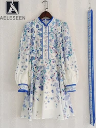 AELESEEN Runway Fashion Mini Dress Women Spring Summer Lantern Sleeve Hydrangea Butterfly Print Belt Single-breasted Holiday