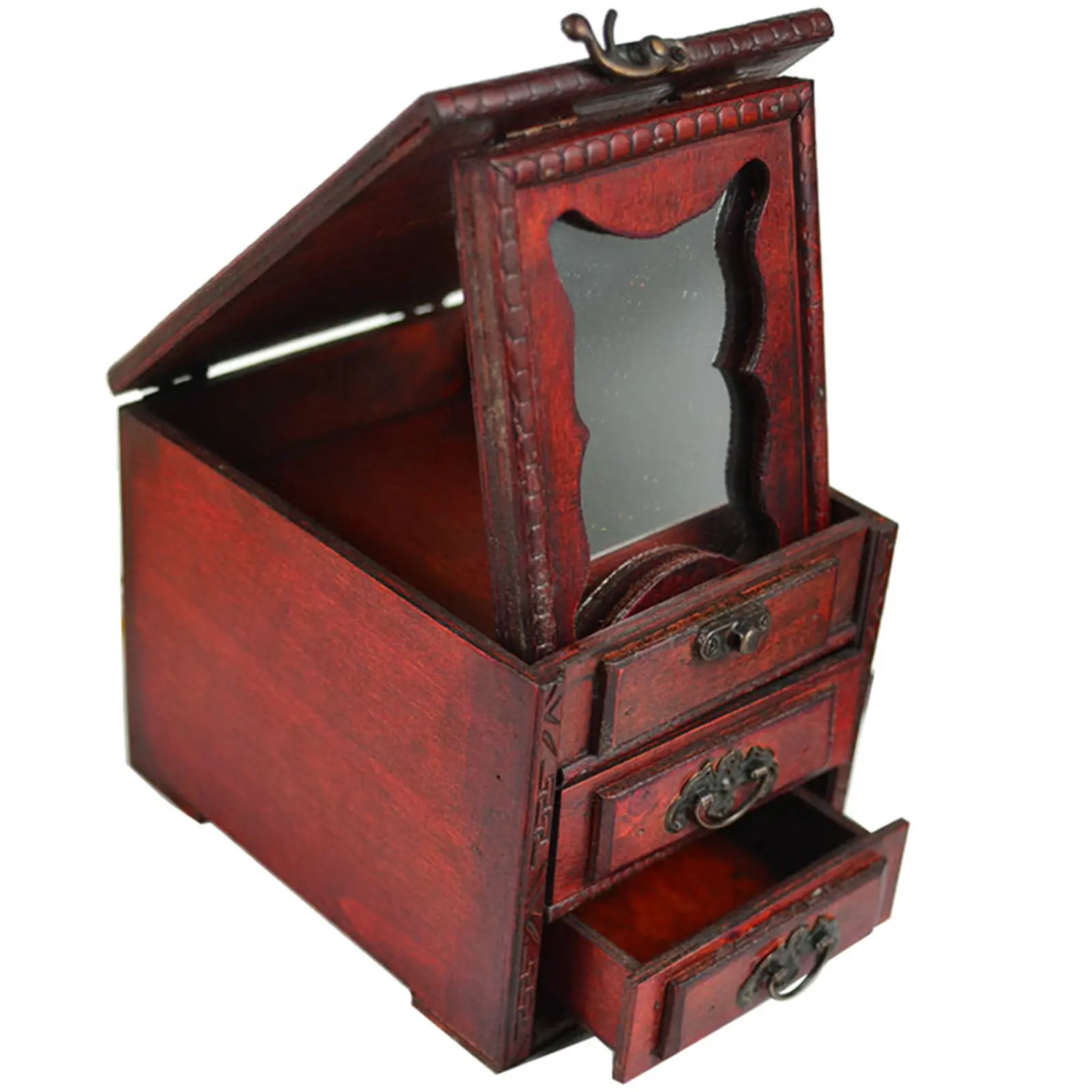 

Винтажная деревянная шкатулка для украшений в китайском стиле с зеркалом, идеально подходит для хранения колец, ожерелий, серег, браслетов.