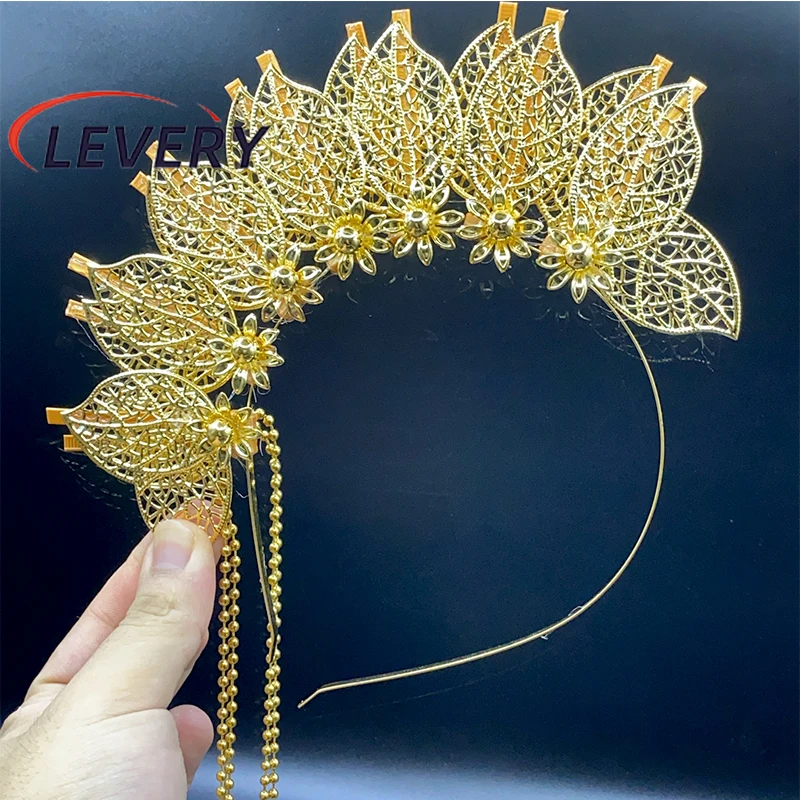 Levery Gold Crowns Hair Bands Cosplay Goddess Headdress Halo Crowns Party Halloween Costume Round Headband with tassels