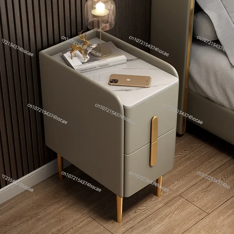 Solid Wood 2 Drawers Bedside Table with Sintered Stone Top Modern Style 30cm Bedroom Nightstand Side Storage Cabinet