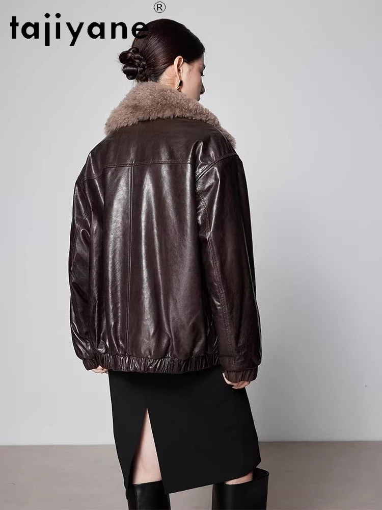 TAJIYANE Oil Wax Sheepskin Camel Down Coats Woman Cashmere Collar Coat Mid-Length Real Leather Jacket Winter Clothes 2025 шуба