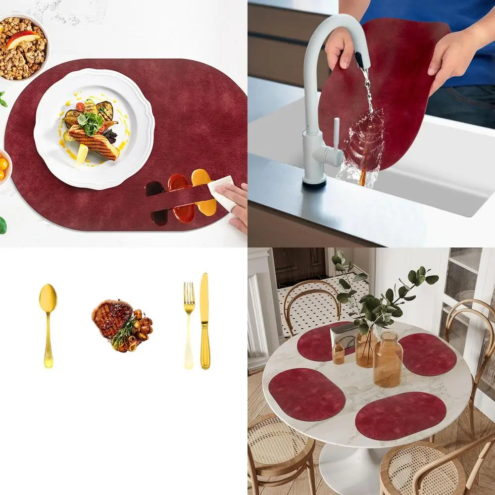 

Set of 12 Heat-Resistant Oval Placemats, 12x17 Inches, Washable & Waterproof, Wipeable PU Mats for Kitchen & Dining, Wine Red