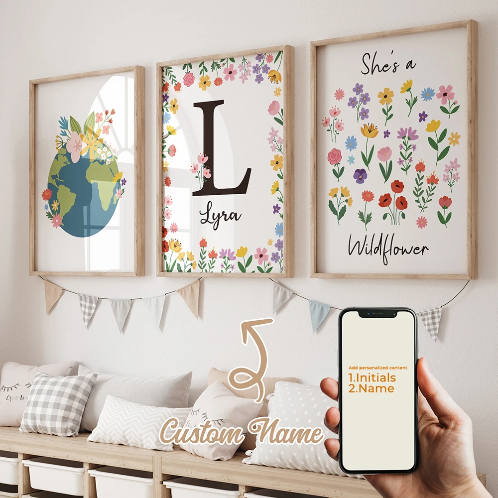 3pcs Personalized Custom Name Cartoon Earth Flowers Wall Art Print Picture Canvas Poster Painting Living Room Home Decor