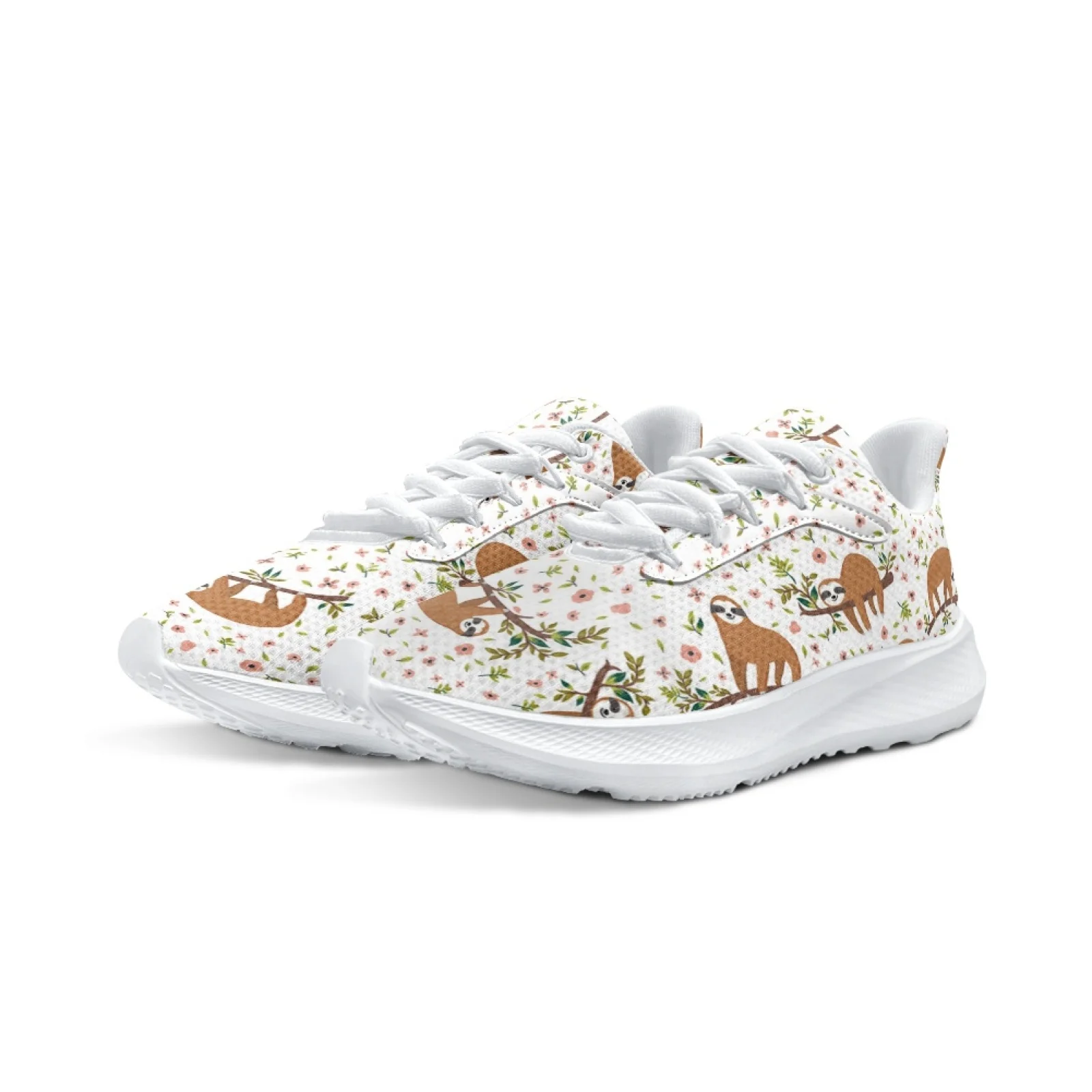 INSTANTARTS Cartoon Sloth Running Shoes Boho Floral Print Brand Sneakers Women's Sloth Shoes White Soft-soled Walking Shoes