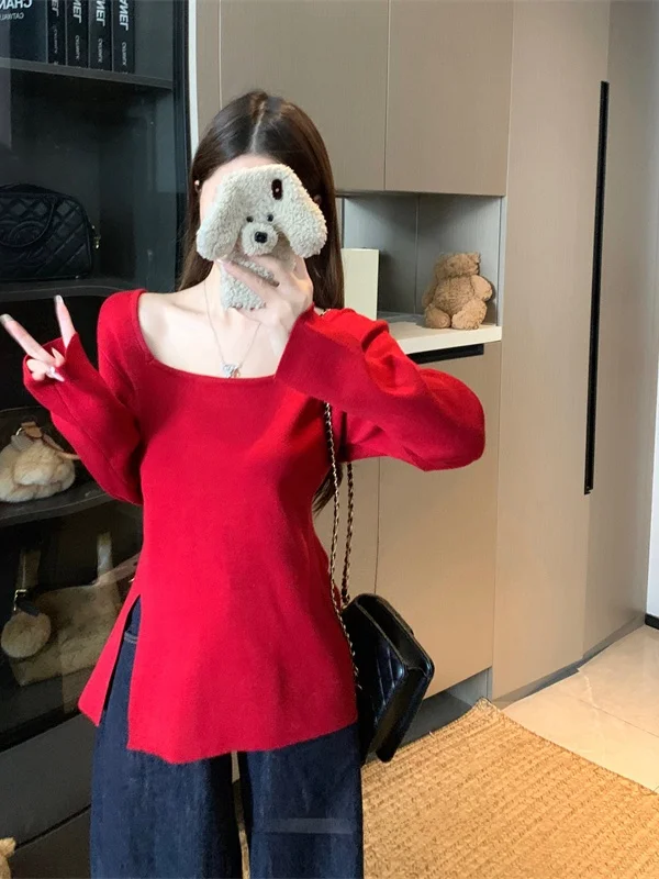 

plus Size Red Knitted Long Sleeve Women's Autumn Winter Slim Fit Split Design Square Collar Sweater Commute Style Korean Version