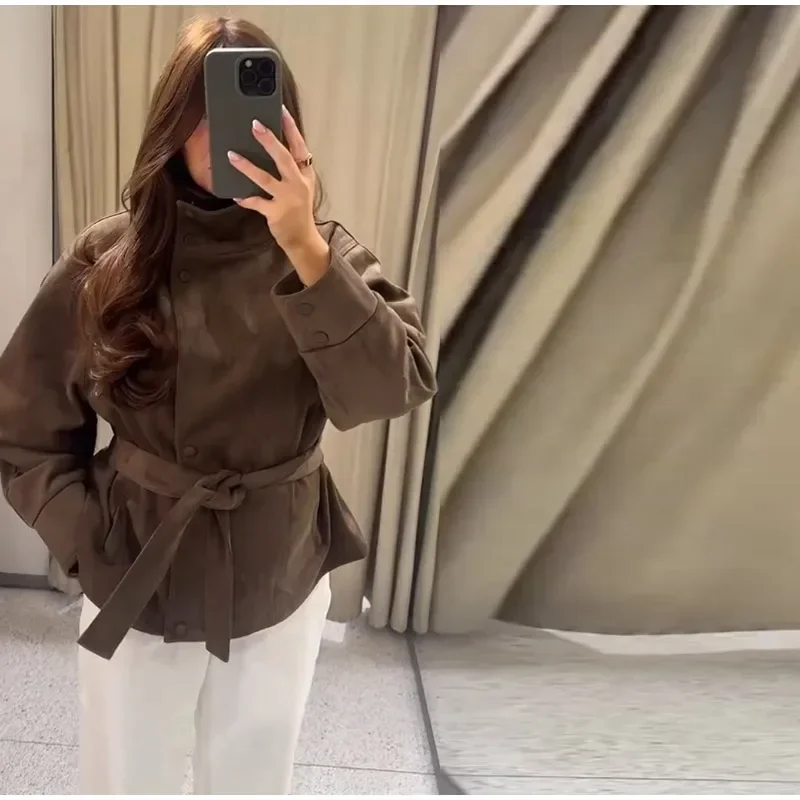 Kurze Damen-Winterjacke aus Wildleder mit Gürtel, Herbstmantel, Langarm, Locker Geschnitten, Lässige Oberbekleidung, Modische Streetwear – Detail 7