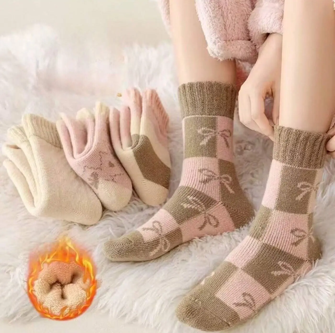 

4 пары женских осенне-зимних теплых утолщенных плюшевых носков на флисовой подкладке длиной до середины икры для сна и работы в пол