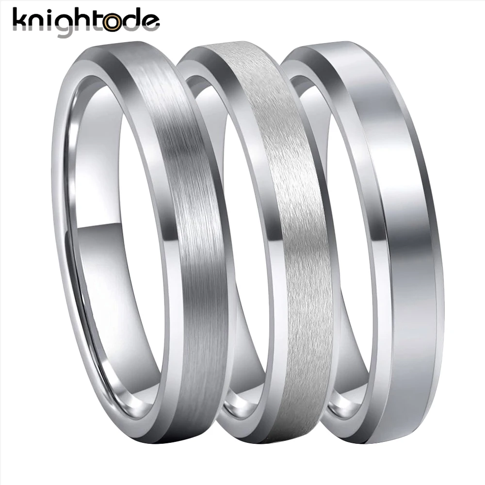 

4mm Silvery Tungsten Carbide Wedding Rings For Women Anniversary Jewelry Pinky Ring Beveled Edges Brushed Surface Comfort Fit