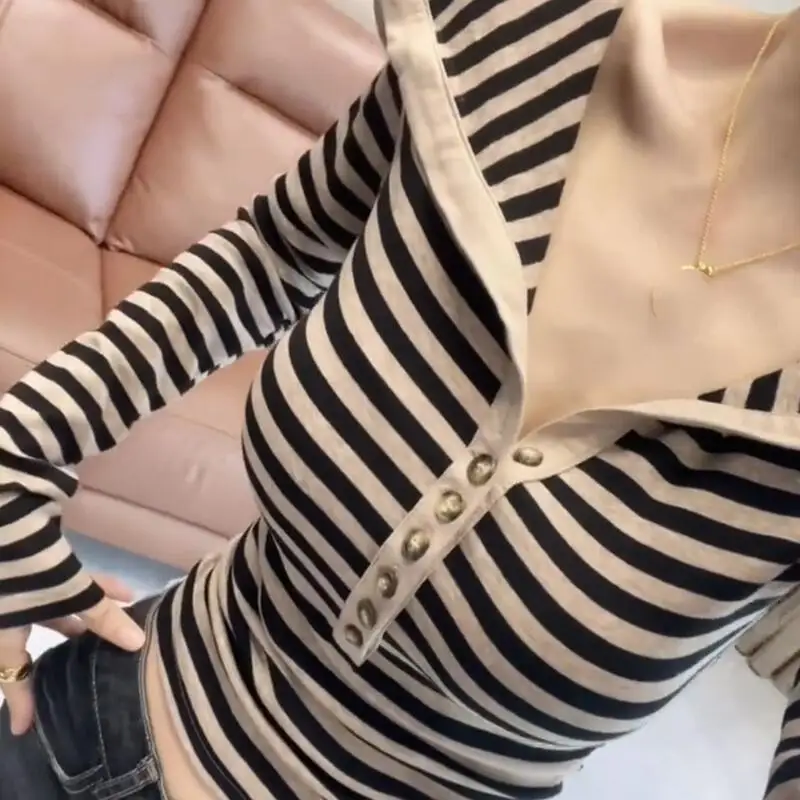 

Полосатая толстовка с капюшоном для молодых девушек, модная сексуальная базовая рубашка с длинными рукавами, узкая рубашка, универсальная весенне-осенняя одежда