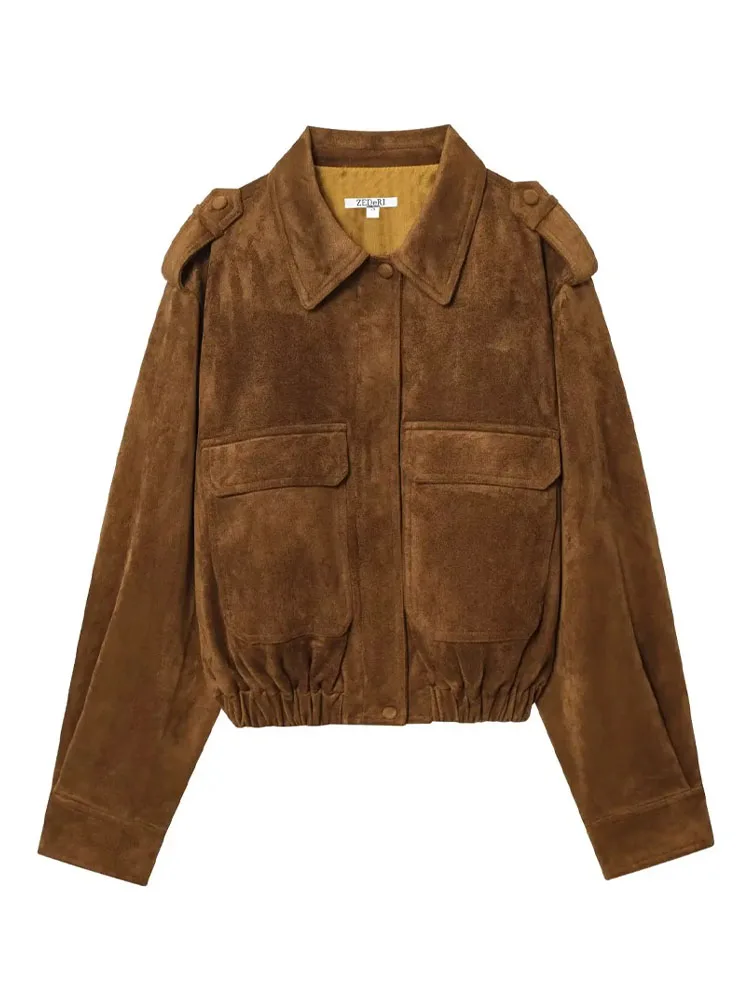 

HH Women Autumn New Fashion Vintage Versatile Suede Lapel Long Sleeve Coat Female High Street Loose Casual Zipper Pocket Jacket