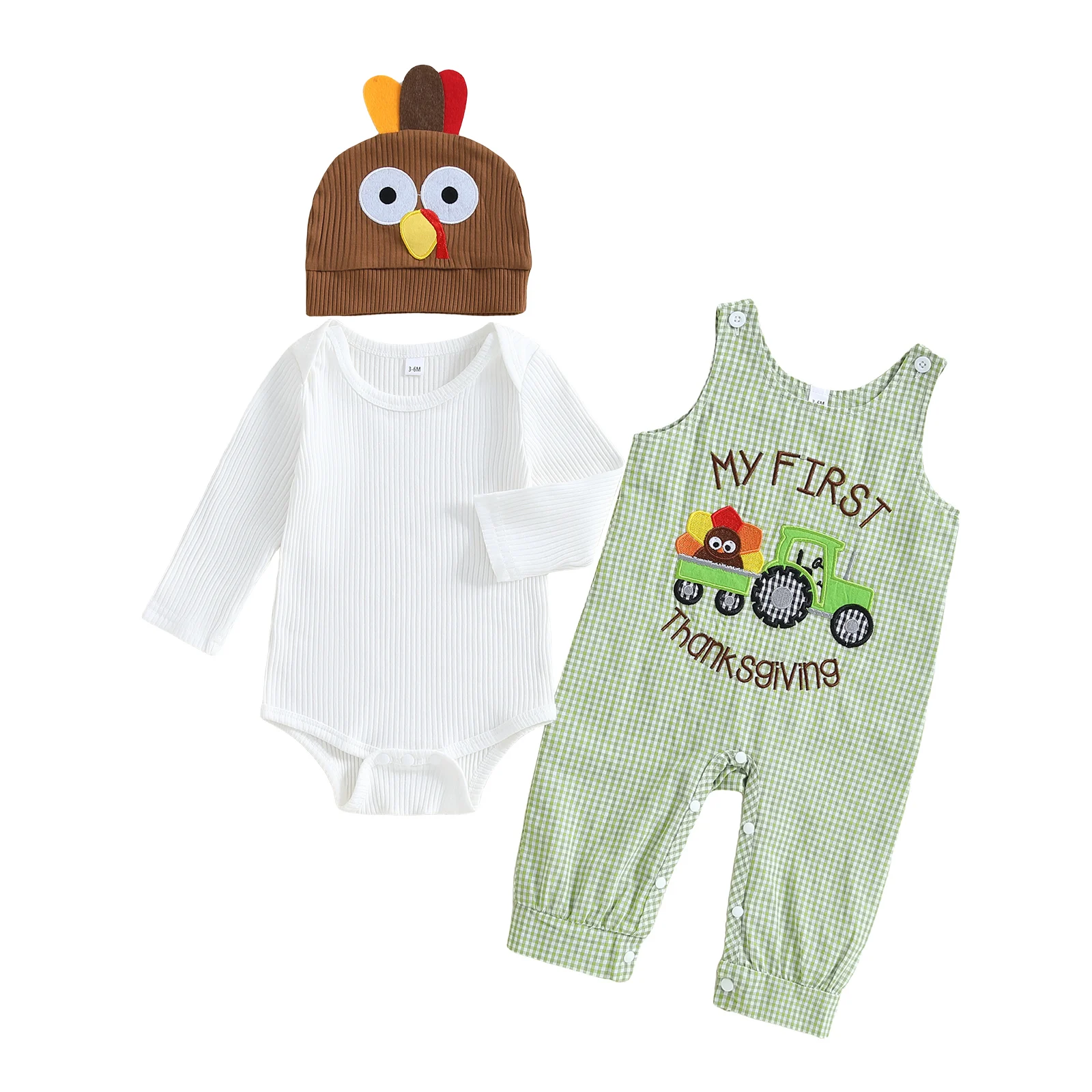 

Baby Boy Outfit Long Sleeve Romper with Plaid Overall Pants and Turkey Hat Thanksgiving Clothes