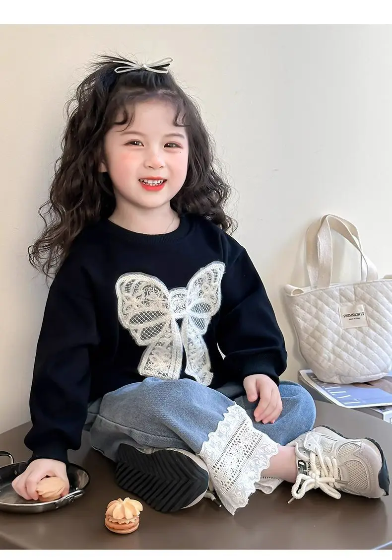 Kleinkind Mädchen Sweatshirt mit Großer Spitze und Schleife Lässiger Baumwoll-Pullover mit Punkten für Kleinkinder Rundhals Langarm Oberteil Kinderkleidung – Detail 15