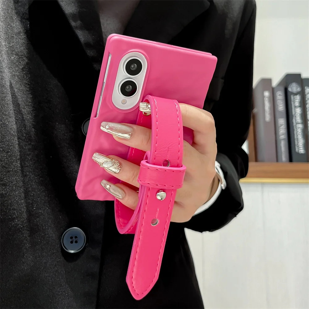 Cute Hot Pink Phone Case For Samsung Galaxy Z Fold8 7 6 Z Fold8 Ultra Wrist Strap Shockproof Hinge Protection Foldable Cover