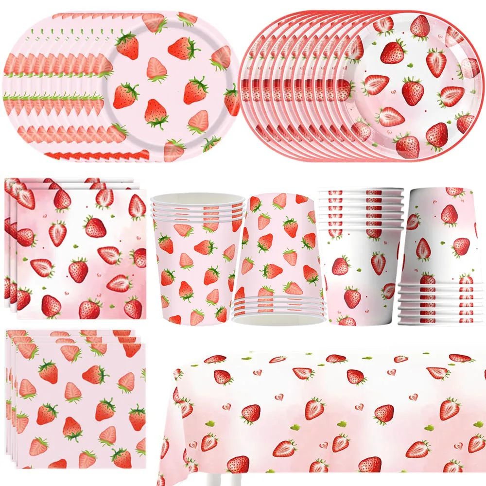 Erdbeere Themen Party Geschirr Set Pappteller Servietten Kunststoff Tischdecke Sommer Obst Party Geburtstag Baby Dusche Liefert