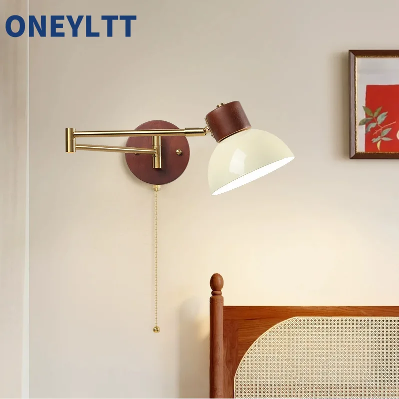 

Middle ancient style bedroom bedside wall lamp, movable rocker arm lamp, cream wind folding telescopic study reading lamp