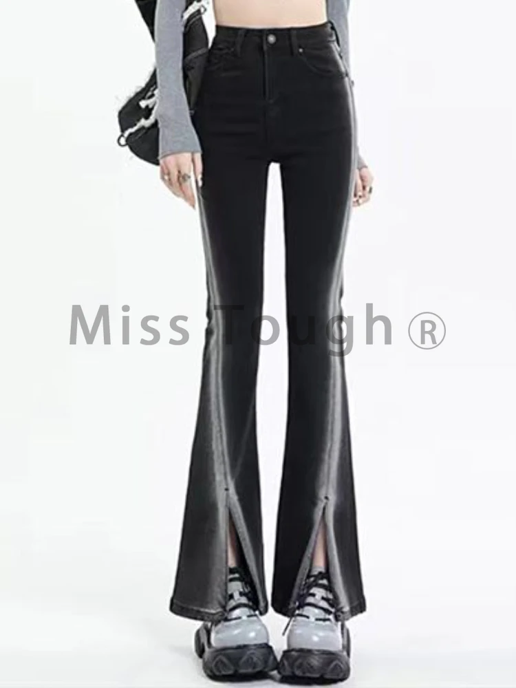 Black American High Street Flare Jeans Women Streetwear Hight Waist Csual Denim Pants Female Open Fork Korean Style Skinny Pants