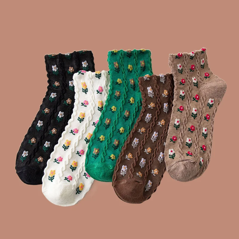 5/10 Pairs Floral Girls Cotton Socks College Style Short Tube 2024 Women's Student Socks Sweet Small Spring and Summer Socks