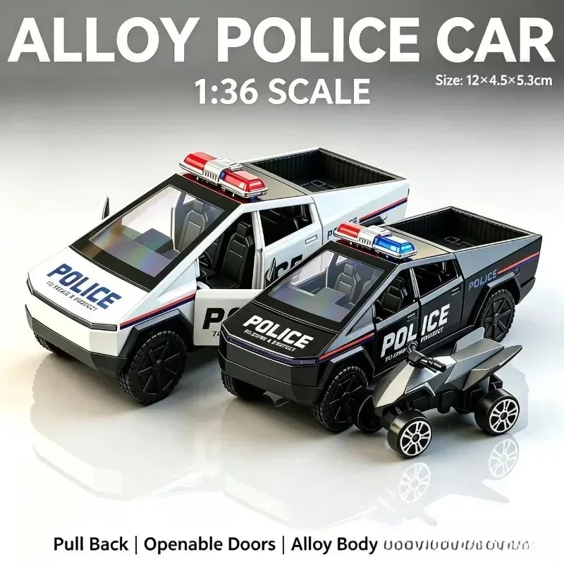 New 1:36 Police Pickup Alloy Car Model, Diecast Pull Back Replica, Openable Doors,Matching Mini ATV Accessory, For Hobby Desktop
