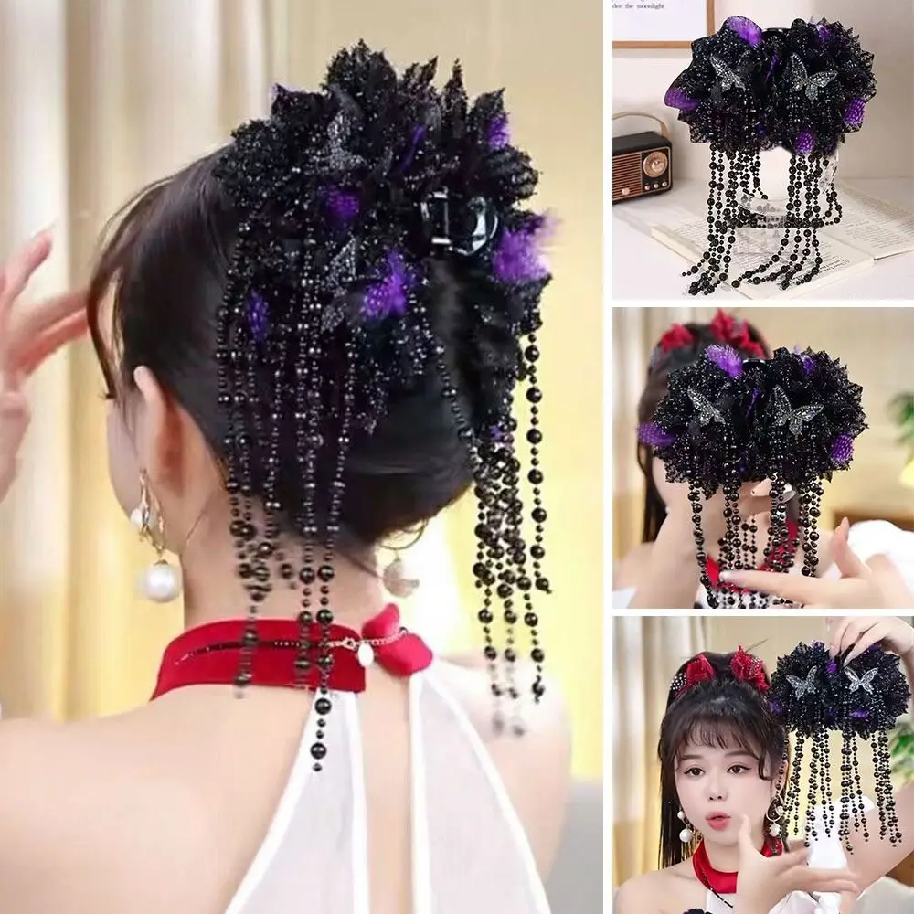 

Elegant Cloth Grasping Clip Feather Flower Pearls Tassel Hair Claw Four Flowers Hair Accessories for Girl