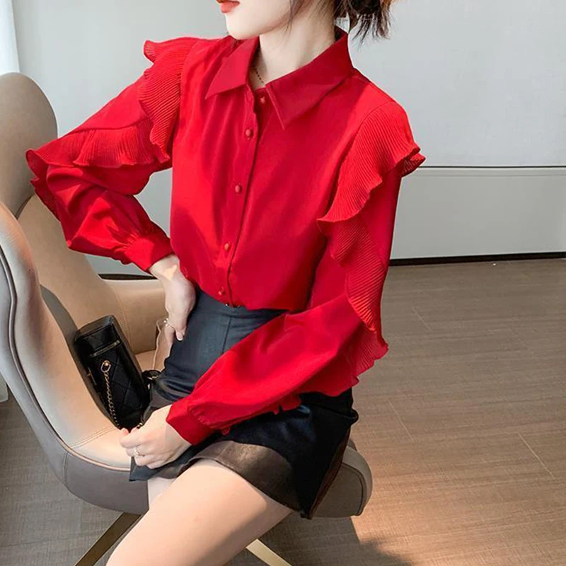 2022 Spring Autumn Red Elegant Fashion Ruffles Long Sleeve Shirt Top Women Polo-neck Cardigan Temperament Blouse All-match Blusa