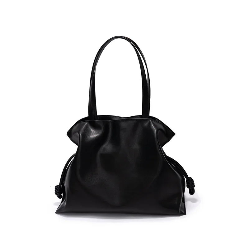 Simple new Korean fashion cowhide bag small leather female bag fold bag shoulder bag draw rope Tote bag big bag